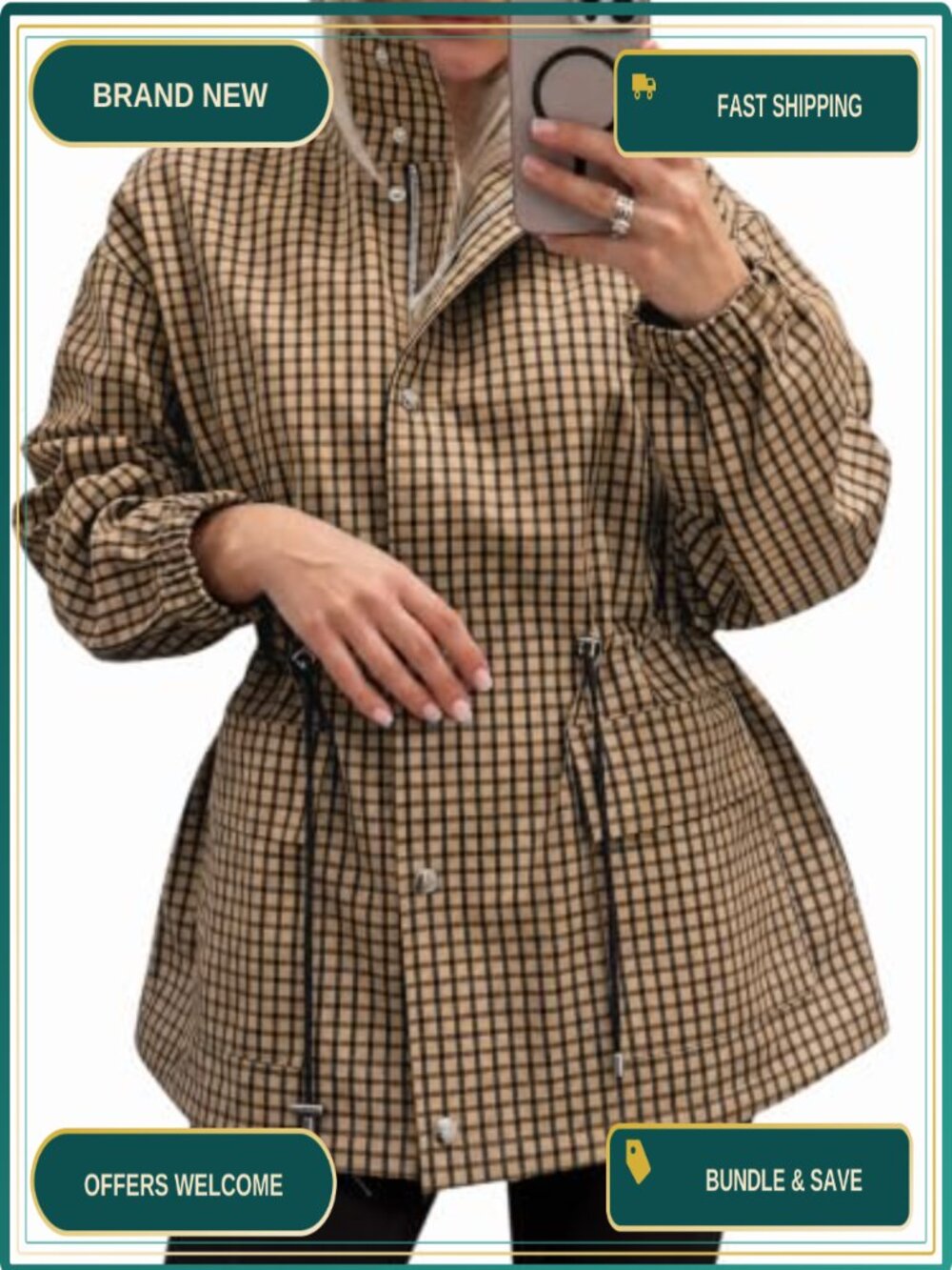 Womens Plaid Zip Up Utility Jacket Loose Fit Windproof Casual Fall Coat